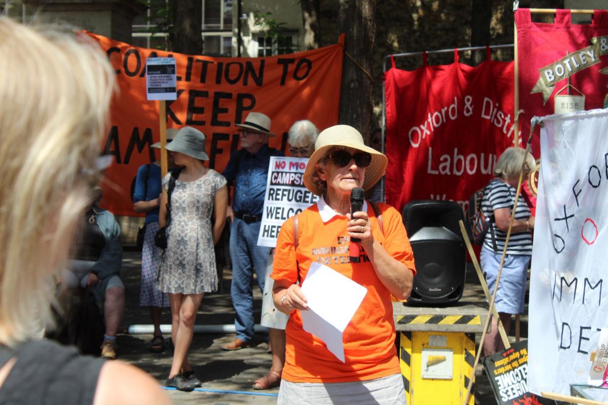 Liz Peretz speaking at Saturday's demonstration against Campsfield in Bonn Square, Oxford Picture: OM