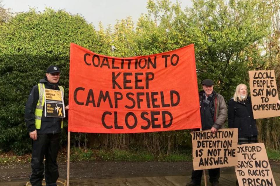 Protesters against the reopening of Campsfield House at a Home Office consultation in Kidlington