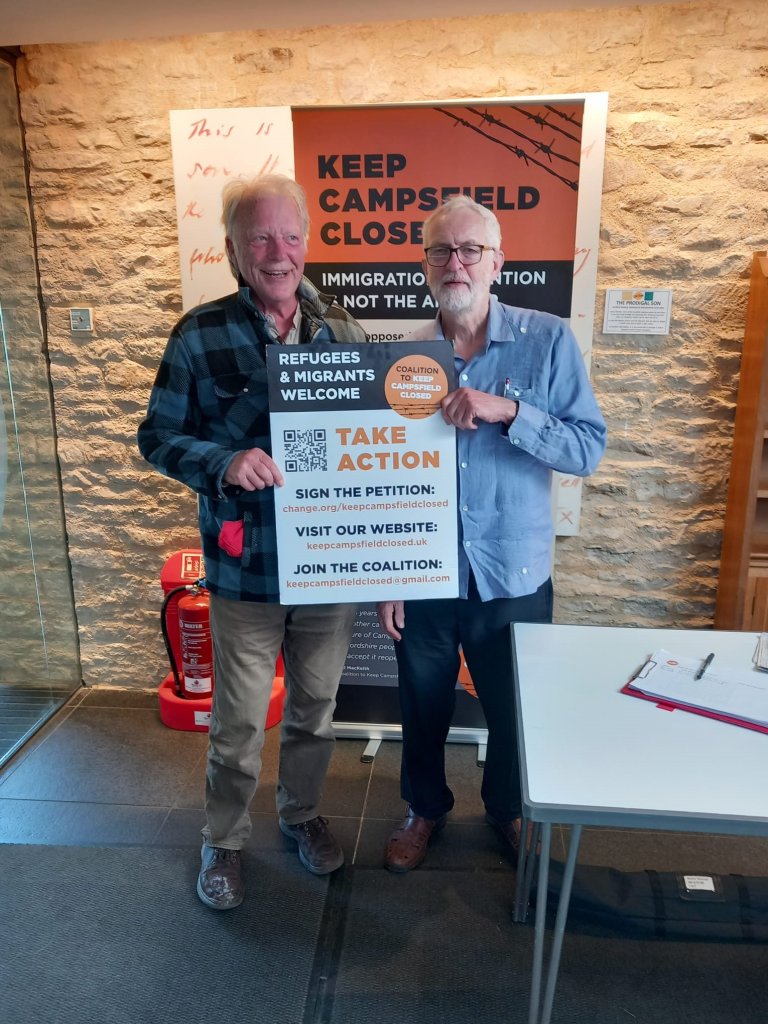 Campaigner Bill MacKeith with Islington North MP Jeremy Corbyn, endorsing the campaign to Keep Campsfield Closed.  Image via Coalition to Keep Campsfield Closed