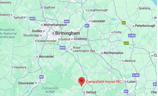 Map showing Campsfield House IRC, in relation to Birmingham and Oxford