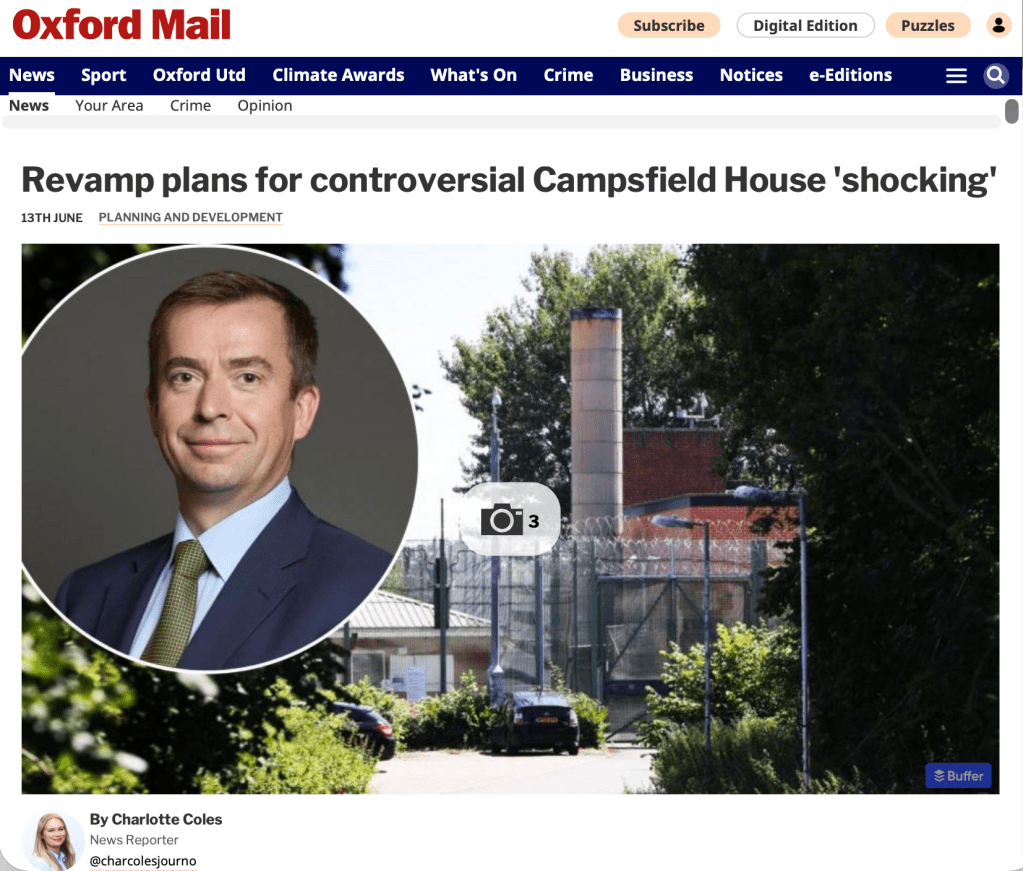 Oxford Mail online screenshot: Calum Miller MP (inset) over image of Campsfield House (Image: Ed Nix/Contributed)