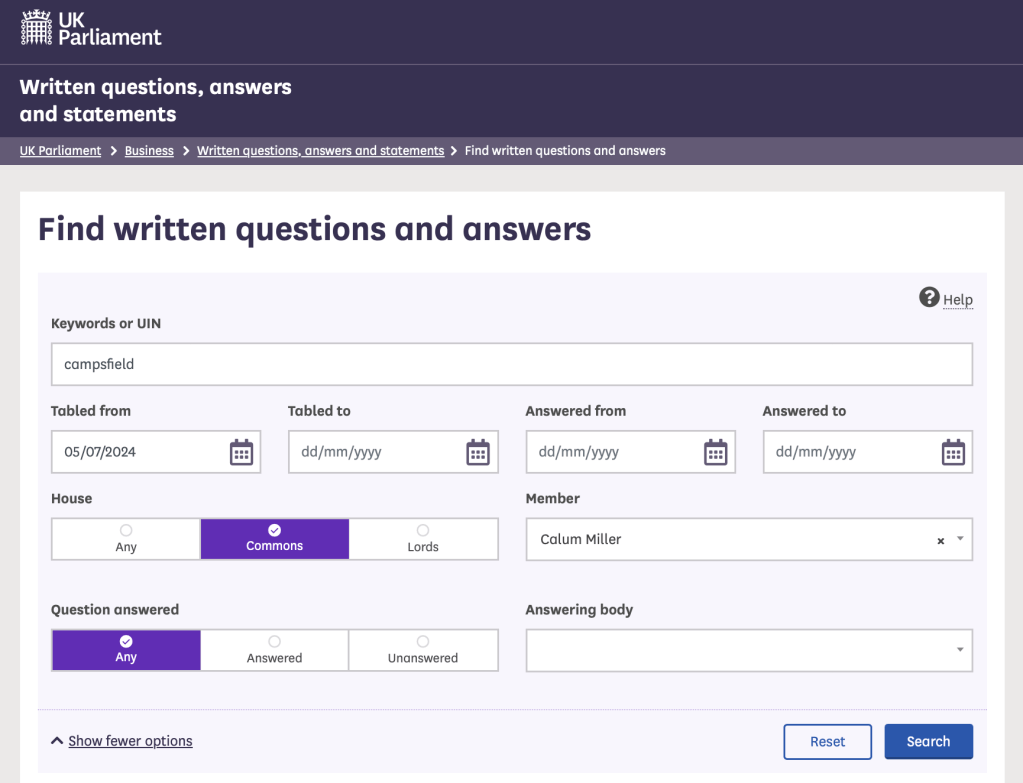 UK Parliament > Written Questions > Calum Miller MP > Campsfield screen shot