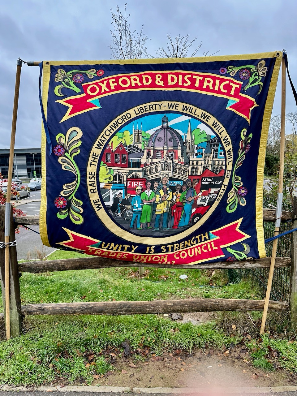 Oxford & District Trades Council banner at the protest outside Campsfield House