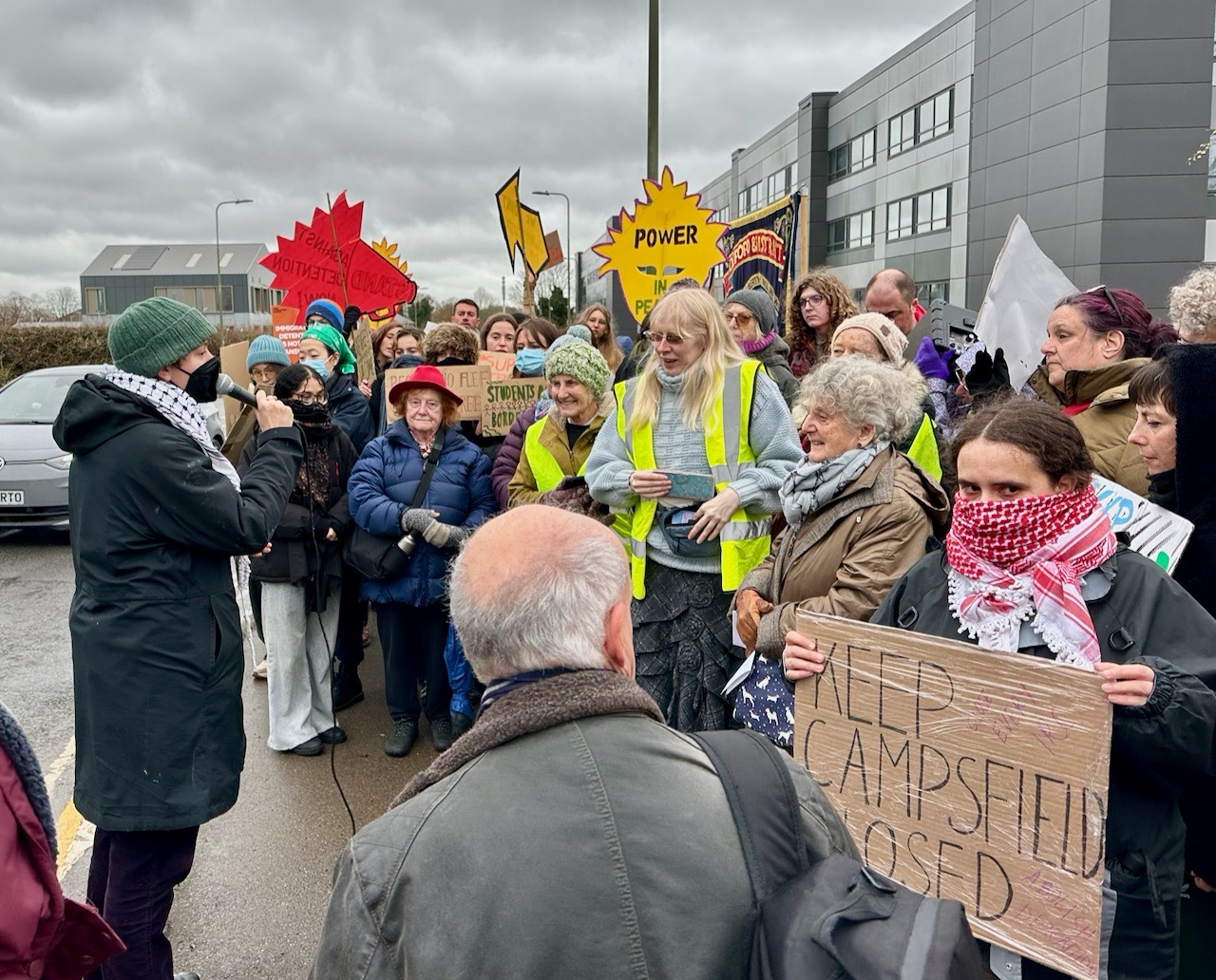 R, an Oxford resident, addresses protesters outside Campsfield House