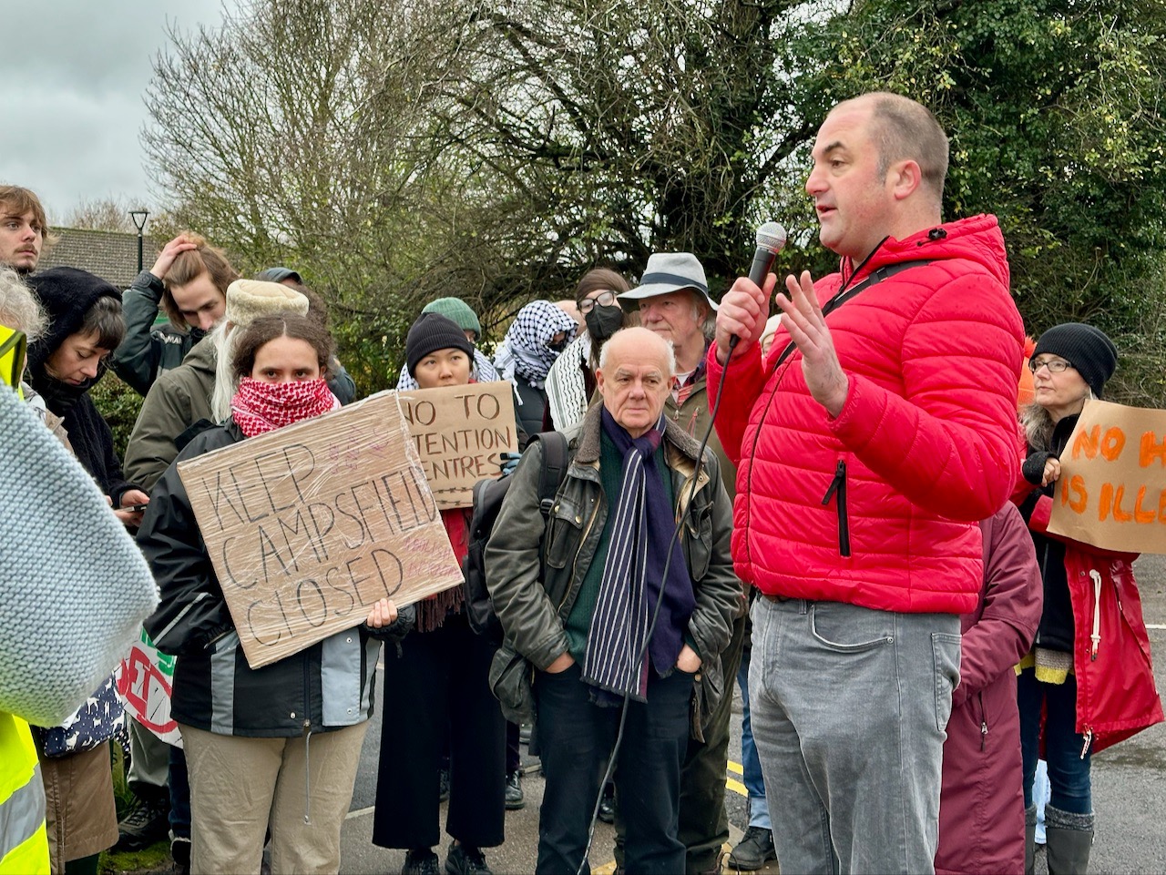 Mike Rowley, Oxford Labour City Councillor, addresses protesters outside Campsfield House