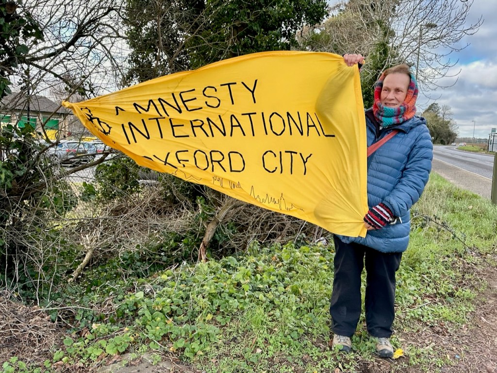 Amnesty International banner at the demonstration outside Campsfield on 27 December 2025