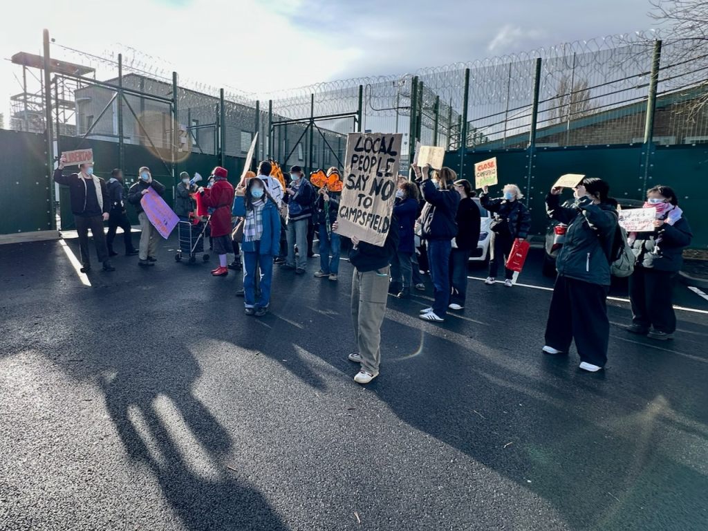 Protestors at the gates of the detention centre