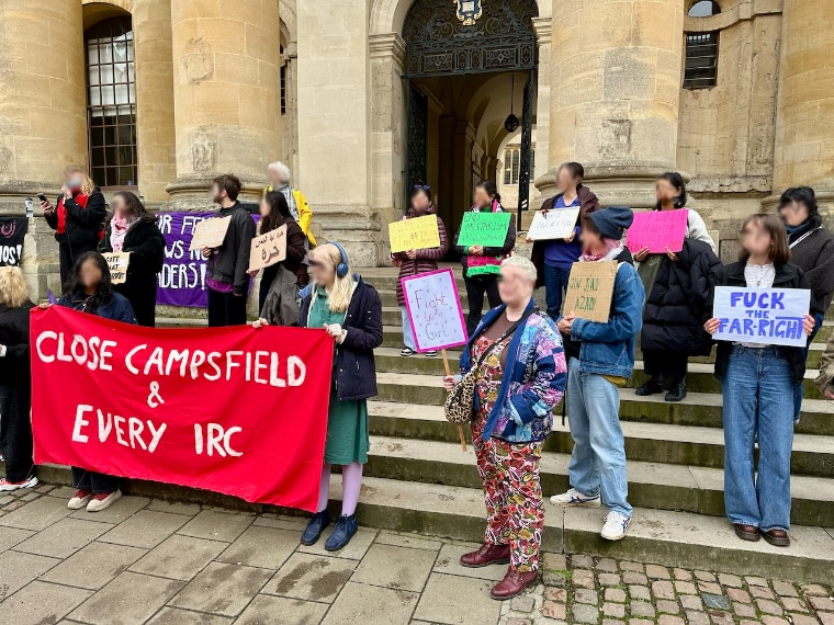 Close Campsfield & Every IRC banner at the Feminism Knows No Borders protest at the Clarendon Building, Broad Street, Oxford city centre on 8 March, International Women's Day 2026.