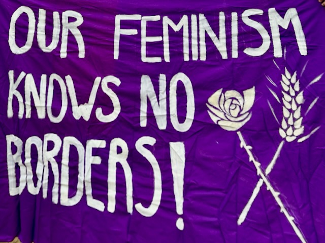 29 March, 2026: Banner held by Oxford STAR campaigners reading "Our feminism knows no borders!" (Photo: Geoff Taylor)
