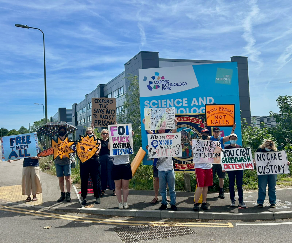 Part of the public protest at the site of Campsfield House IRC by Coalition to Close Campsfield campaign, showing some of the campaigners and supporters at the site on 31 May 2026.