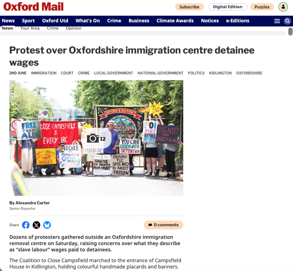 Screenshot of Oxford Mail online article by Alexandra Carter, senior reporter, 2 June, 2026, entitled "Protest over Oxfordshire immigration centre detainee wages", although was this article not previously entitled "Dozens protest outside immigration centre over 'slave labour' wages"?